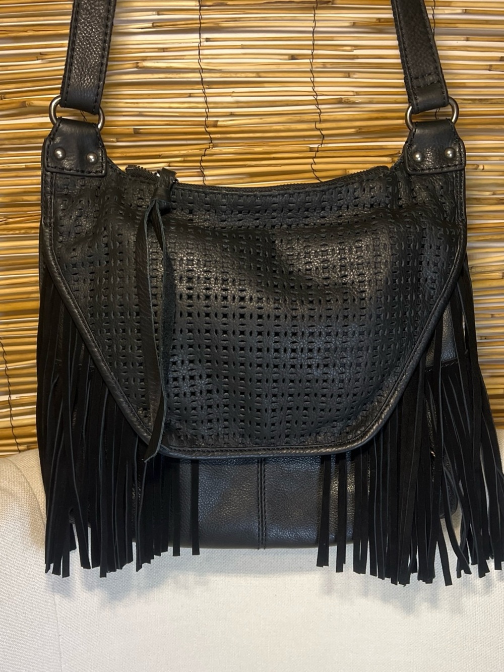 Lucky Brand Black Perforated Fringe Shoulder/crossbody Bag